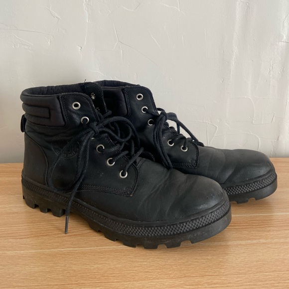 Black leather Palladium lace up boots, women’s size 10 - Picture 1 of 4